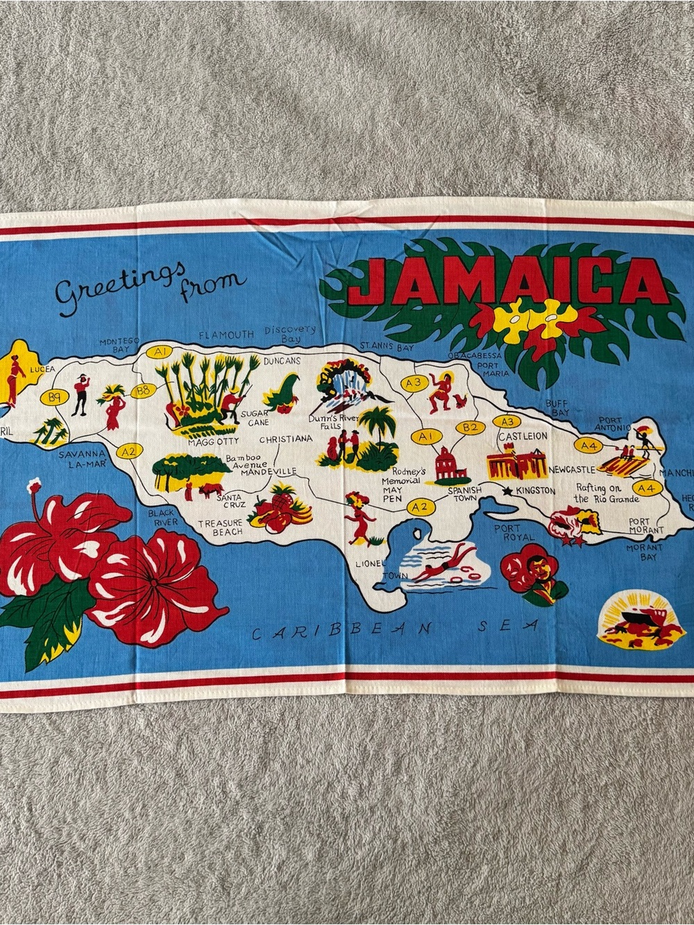 Vintage Jamaica Map Decorative Tea Towel - Blue